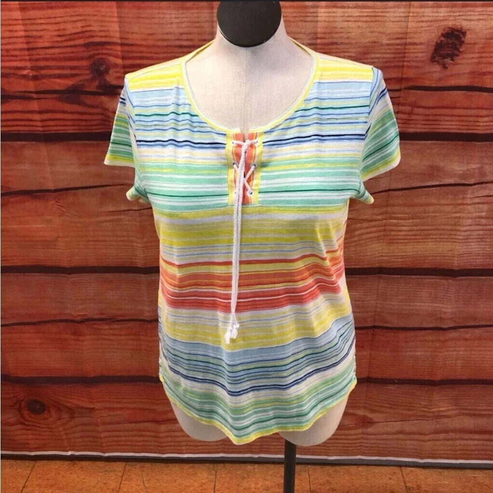 Talbots Multi-Colored Rainbow‎ Striped Short Sleeve Shirt